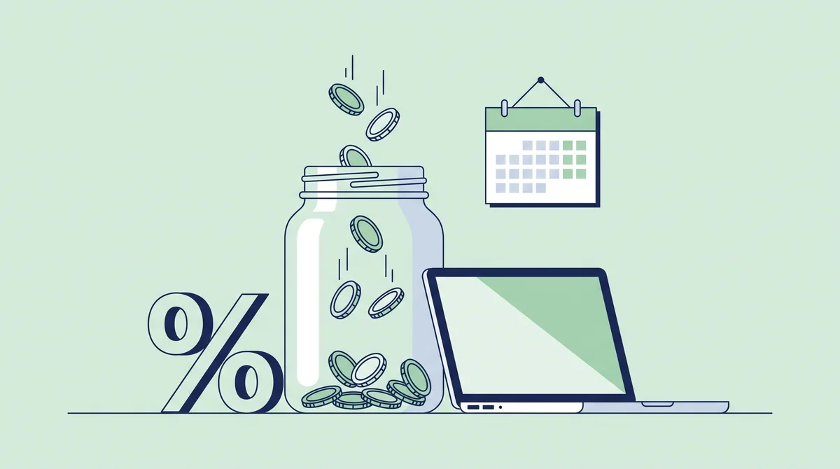 Glass jar filling with falling coins next to a percent sign, a laptop and a wall calendar