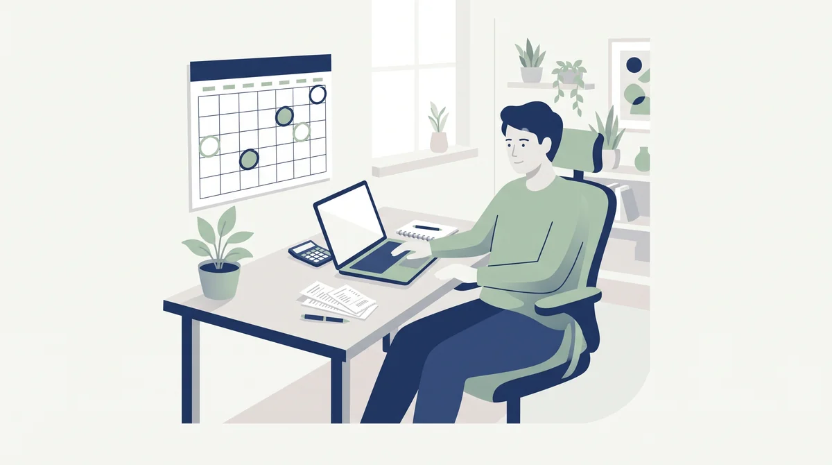 Freelancer at a home office desk with a laptop, calculator and receipts, next to a wall calendar with due dates circled