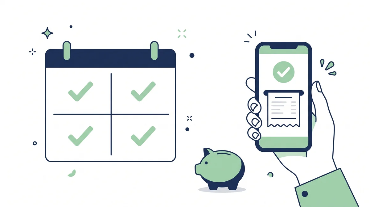 Calendar with four checked-off quarters, a piggy bank and a phone showing a tax payment receipt