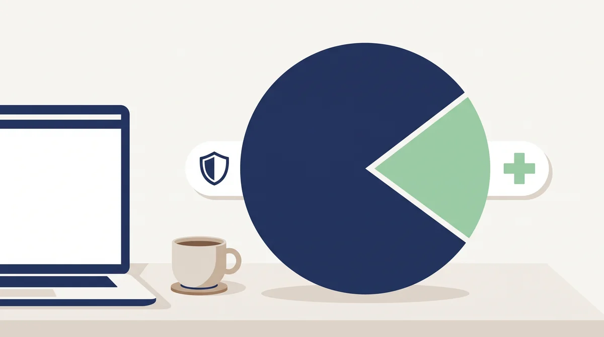 Pie chart split into a large Social Security share and a smaller Medicare share, next to a laptop and a coffee cup